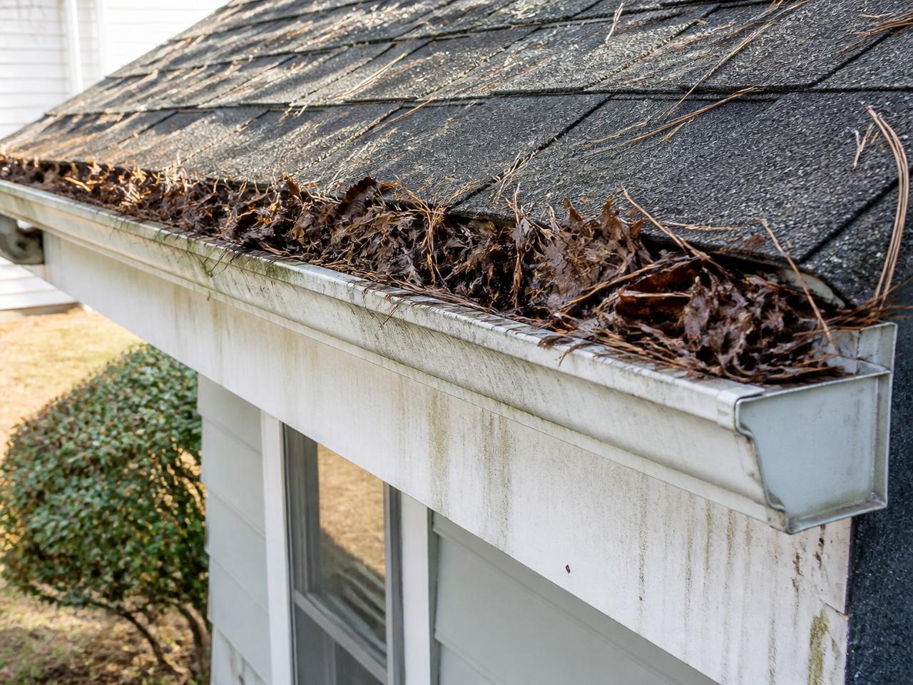 White aluminum rain gutter along a shingle roof eave packed with wet brown leaves and pine needles, water stains streaking the fascia below